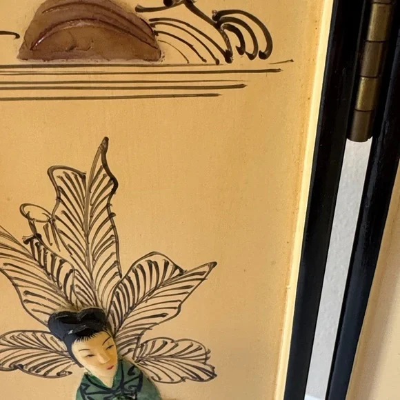 Vintage Asian Folding Screen with raised stone with inlay Asian ladies - Picture 8 of 14